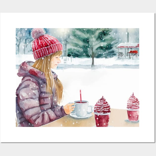 Woman Drinking Coffee in an open-air Cafe, Snowing Christmas Outdoors Wall Art by fistikci